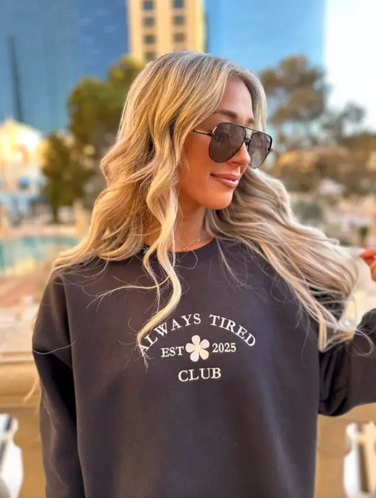 Always Tired Club Black Embroidered Graphic Crewneck