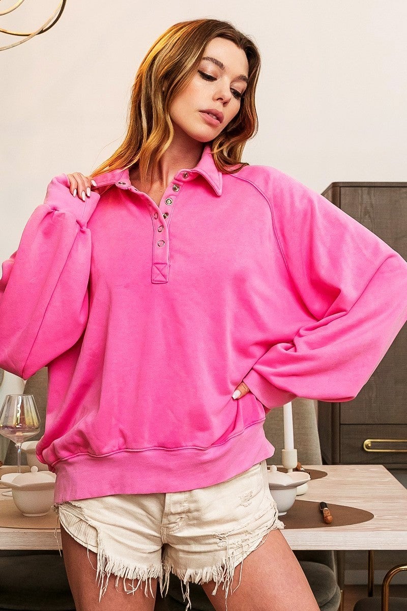 Snap Button Collared Sweatshirt - Pink
