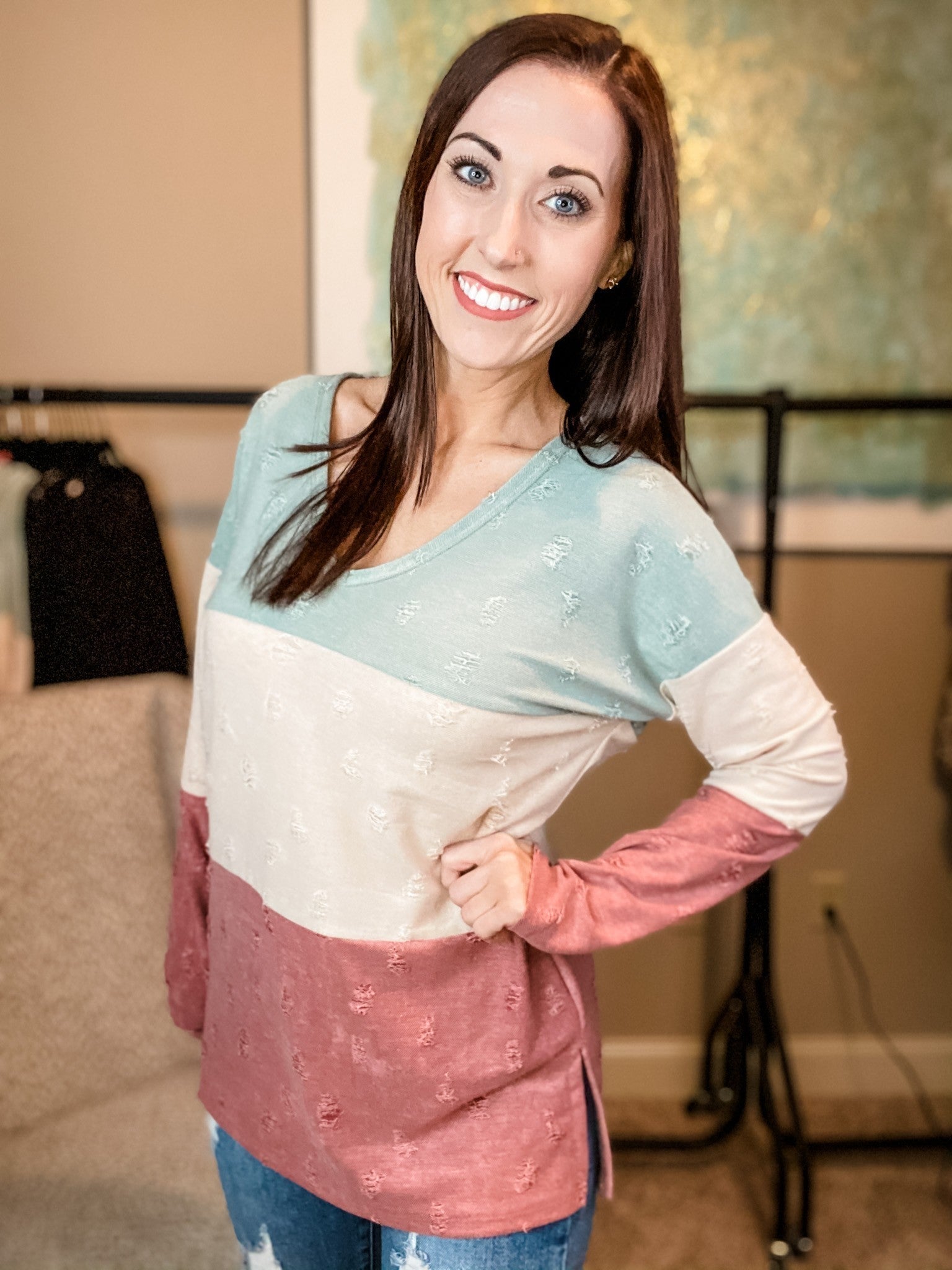 Color Block V Neck Light Knit Sweater