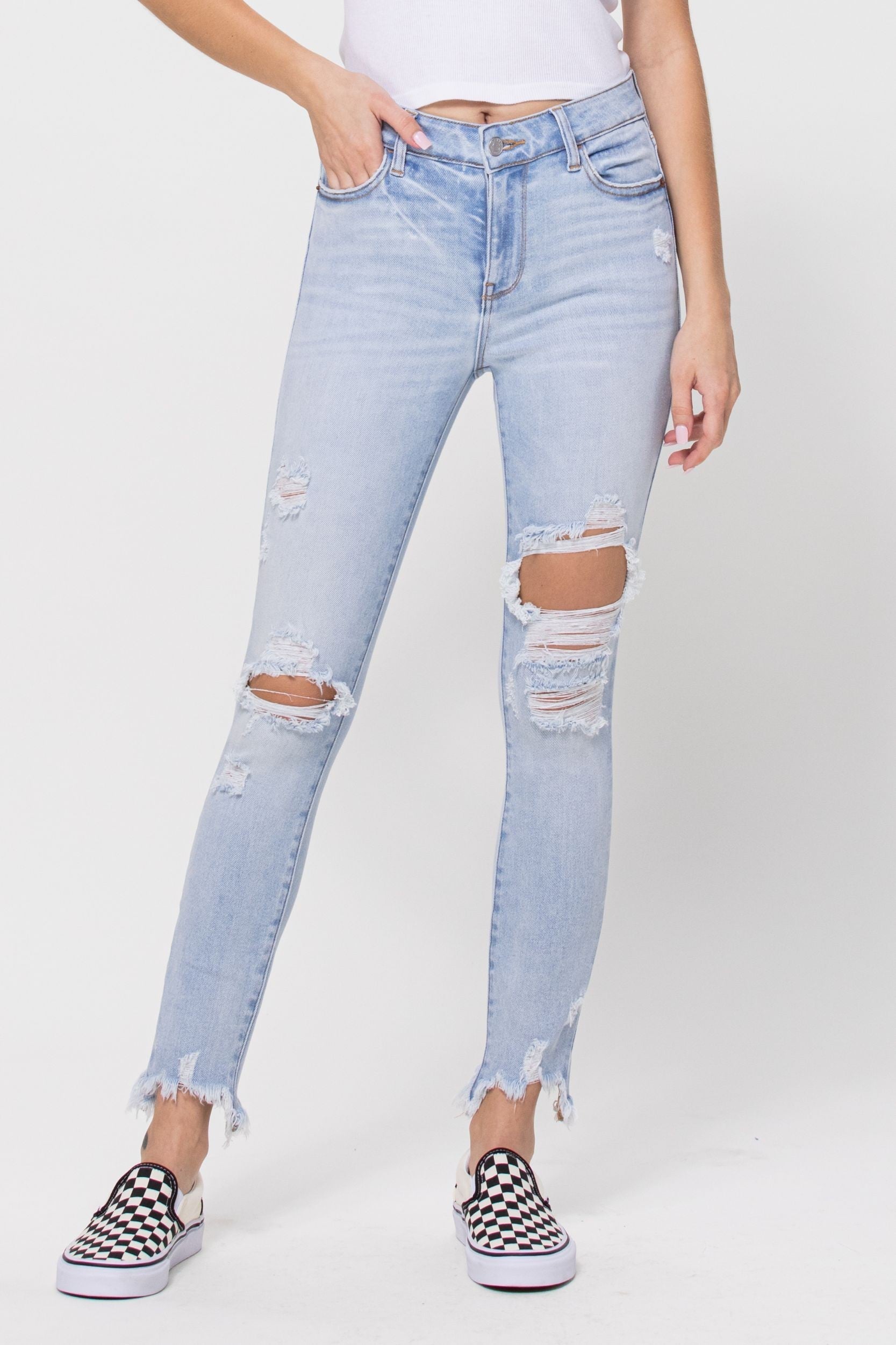 Cello Mid Ride Frayed Hem Destroyed Skinny Jeans