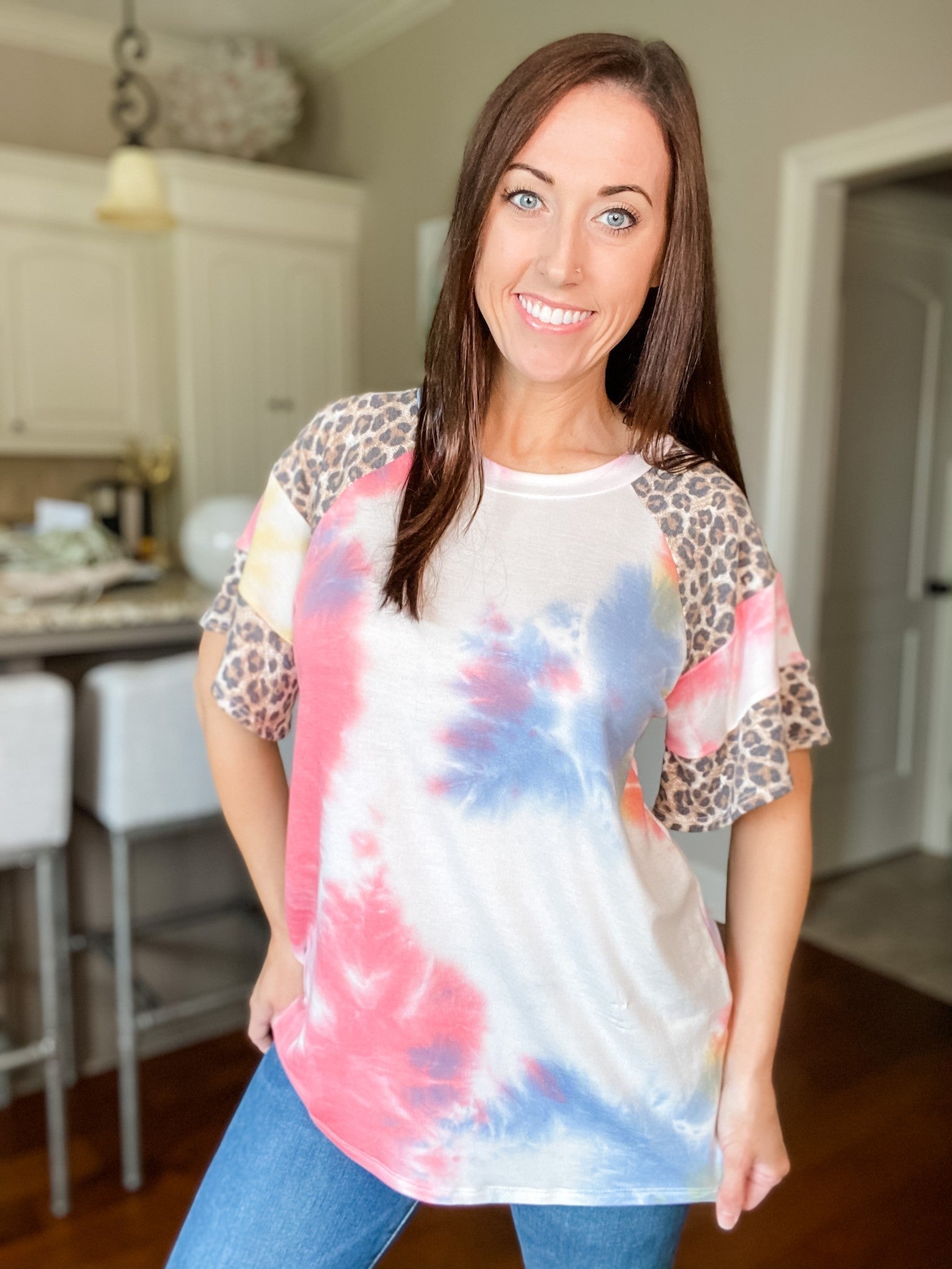 Tie Dye Animal Print Flutter Sleeve Top