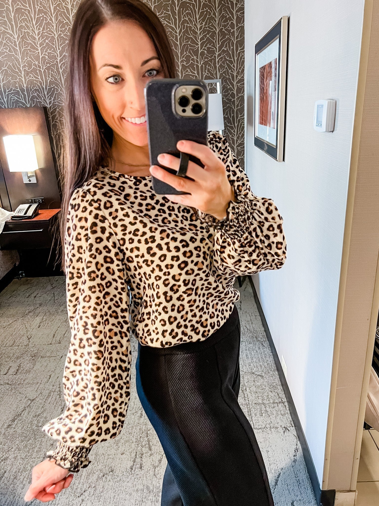 Animal Print Smocked Detail Blouse