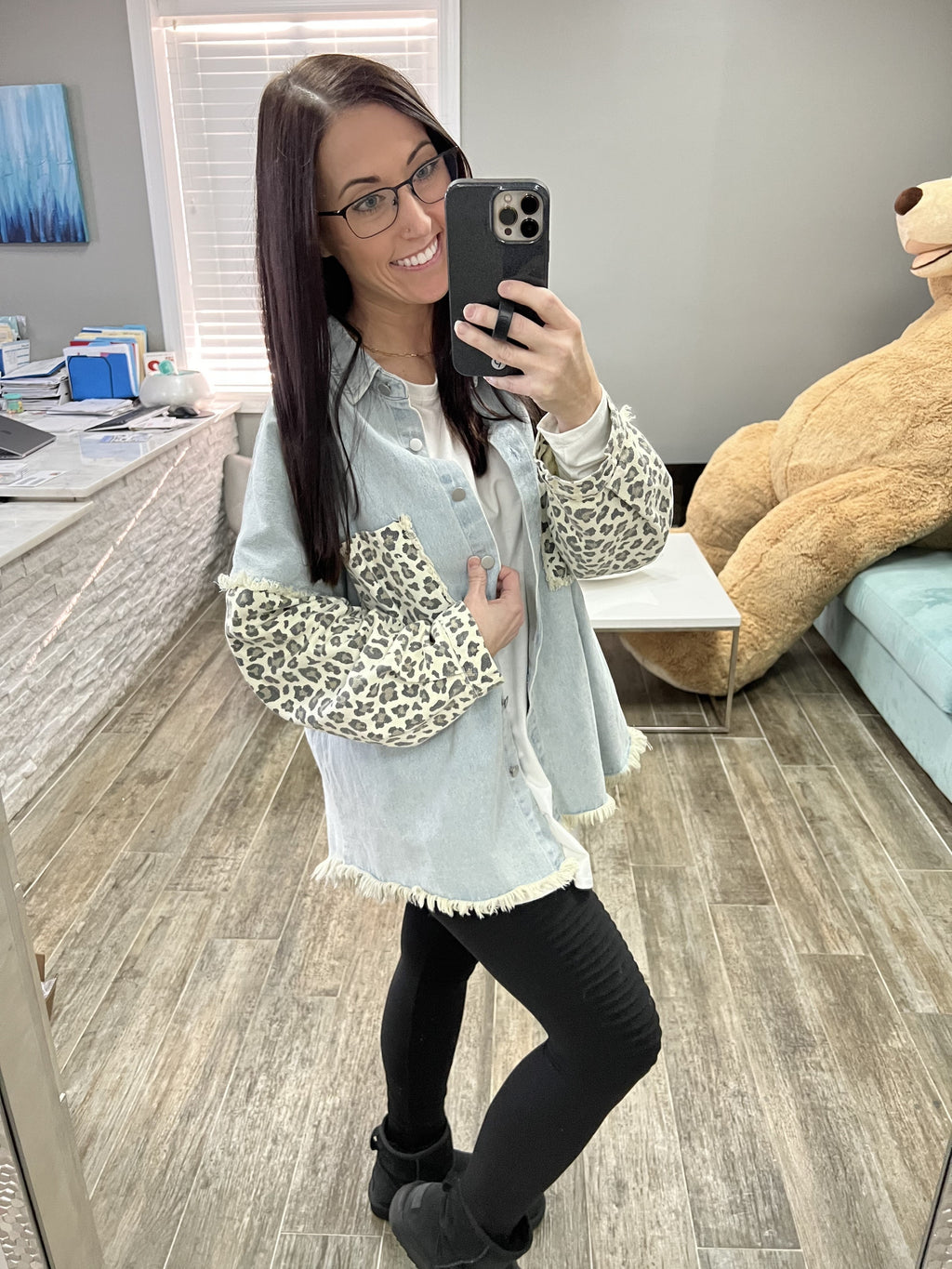 Long Sleeve Contrast Animal Button Down Shirt