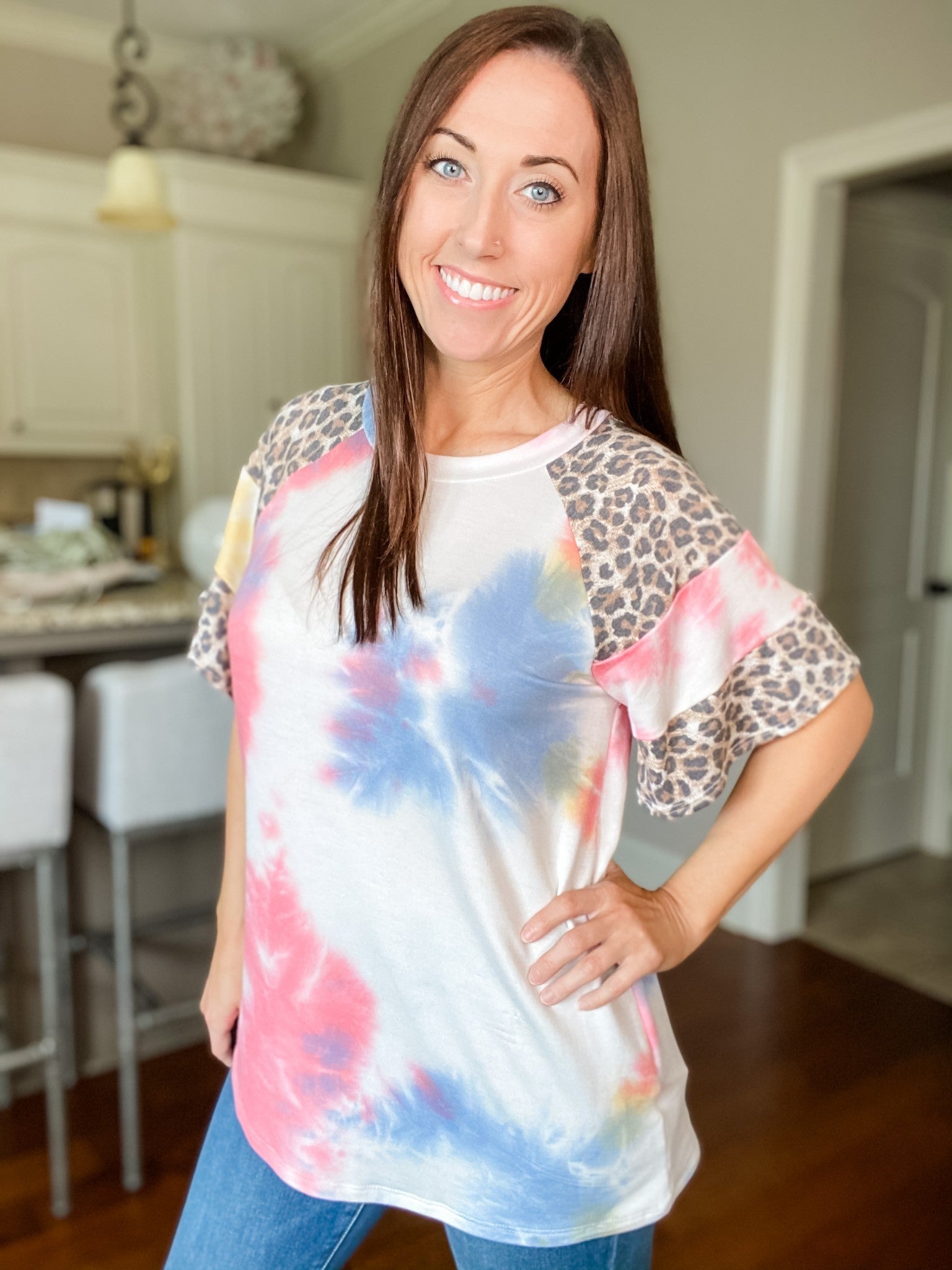 Tie Dye Animal Print Flutter Sleeve Top