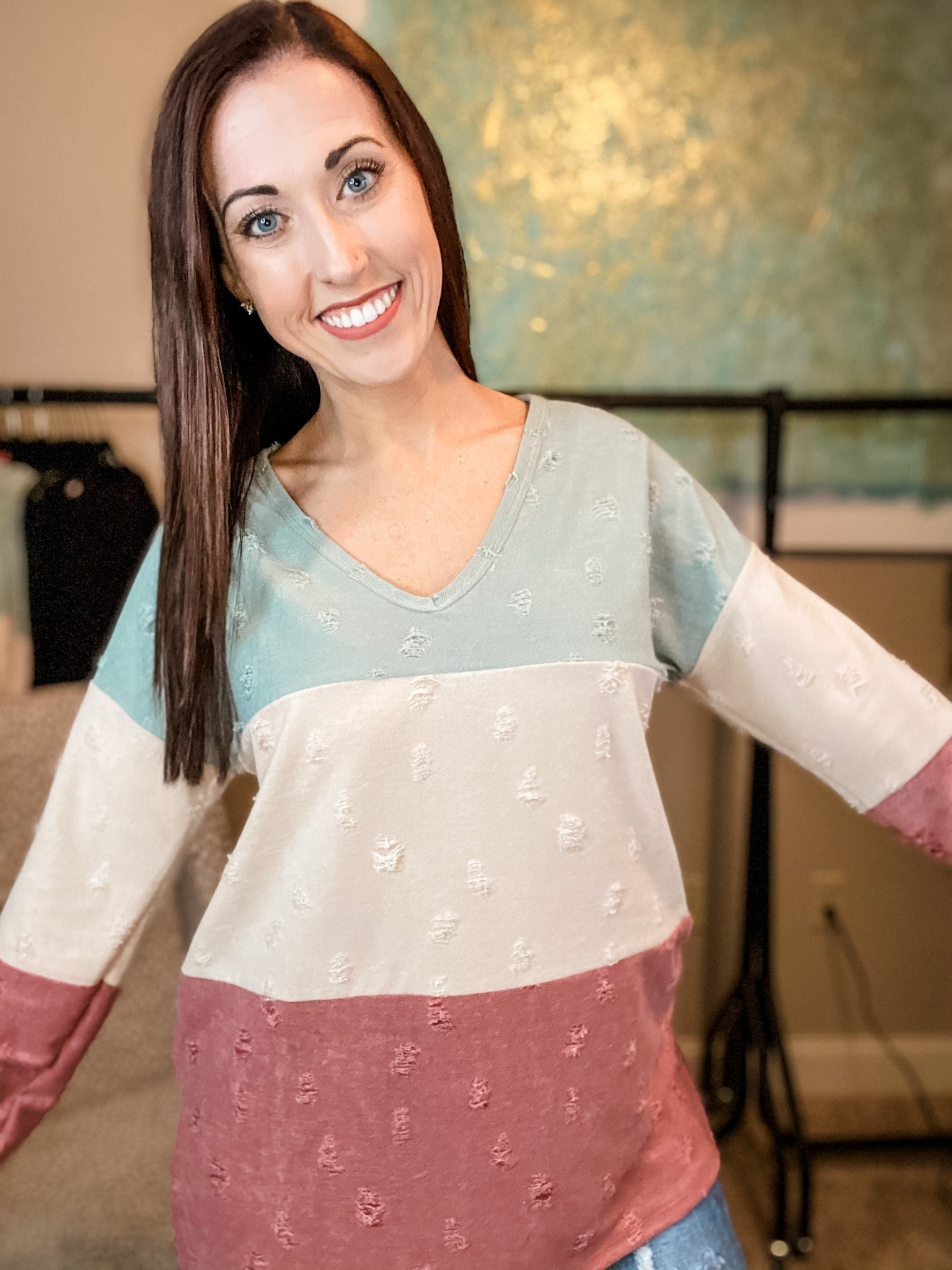 Color Block V Neck Light Knit Sweater