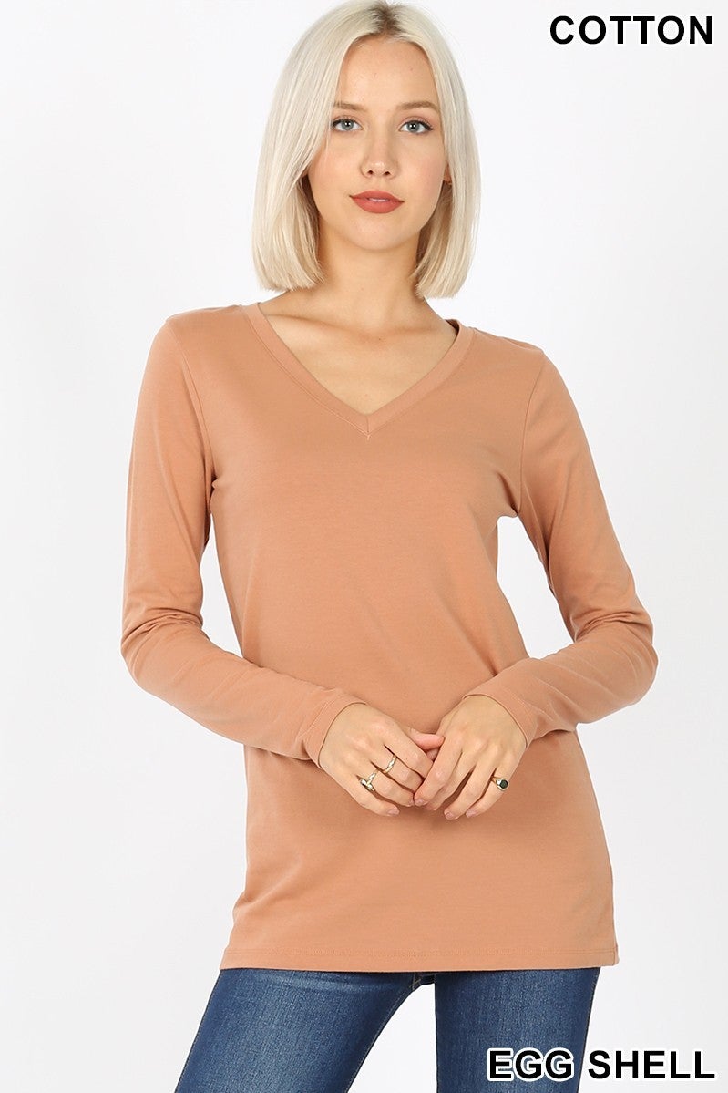 Cotton V-Neck Long Sleeve Top