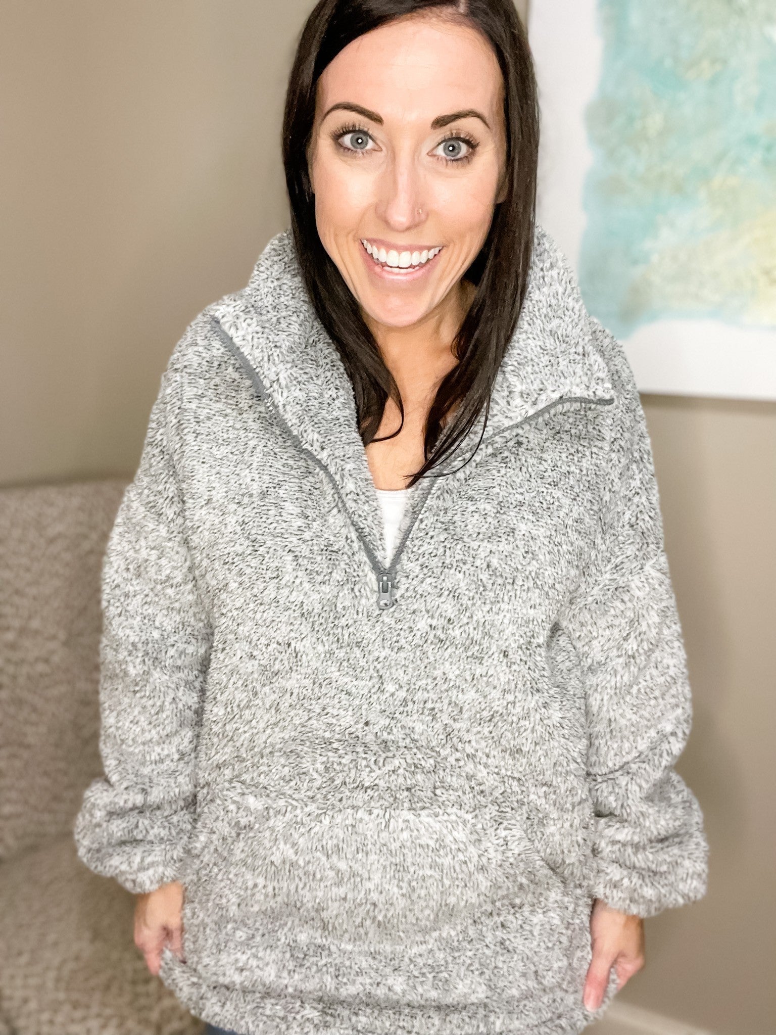 Melange Faux Fur Half Zip Pullover