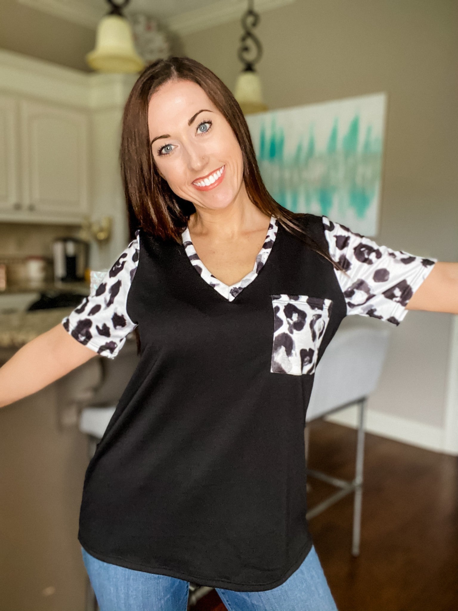 Leopard Trim Vneck Top