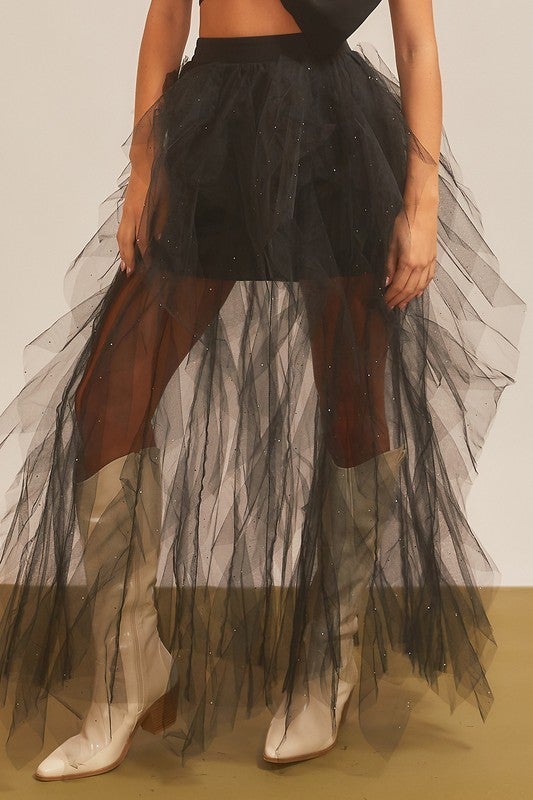 Back Elastic Band Mesh Long Skirt