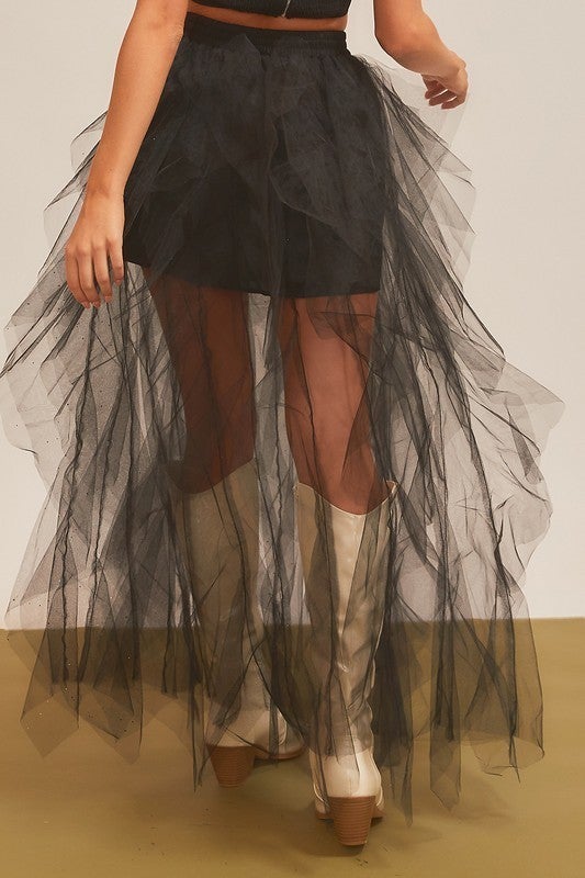 Back Elastic Band Mesh Long Skirt