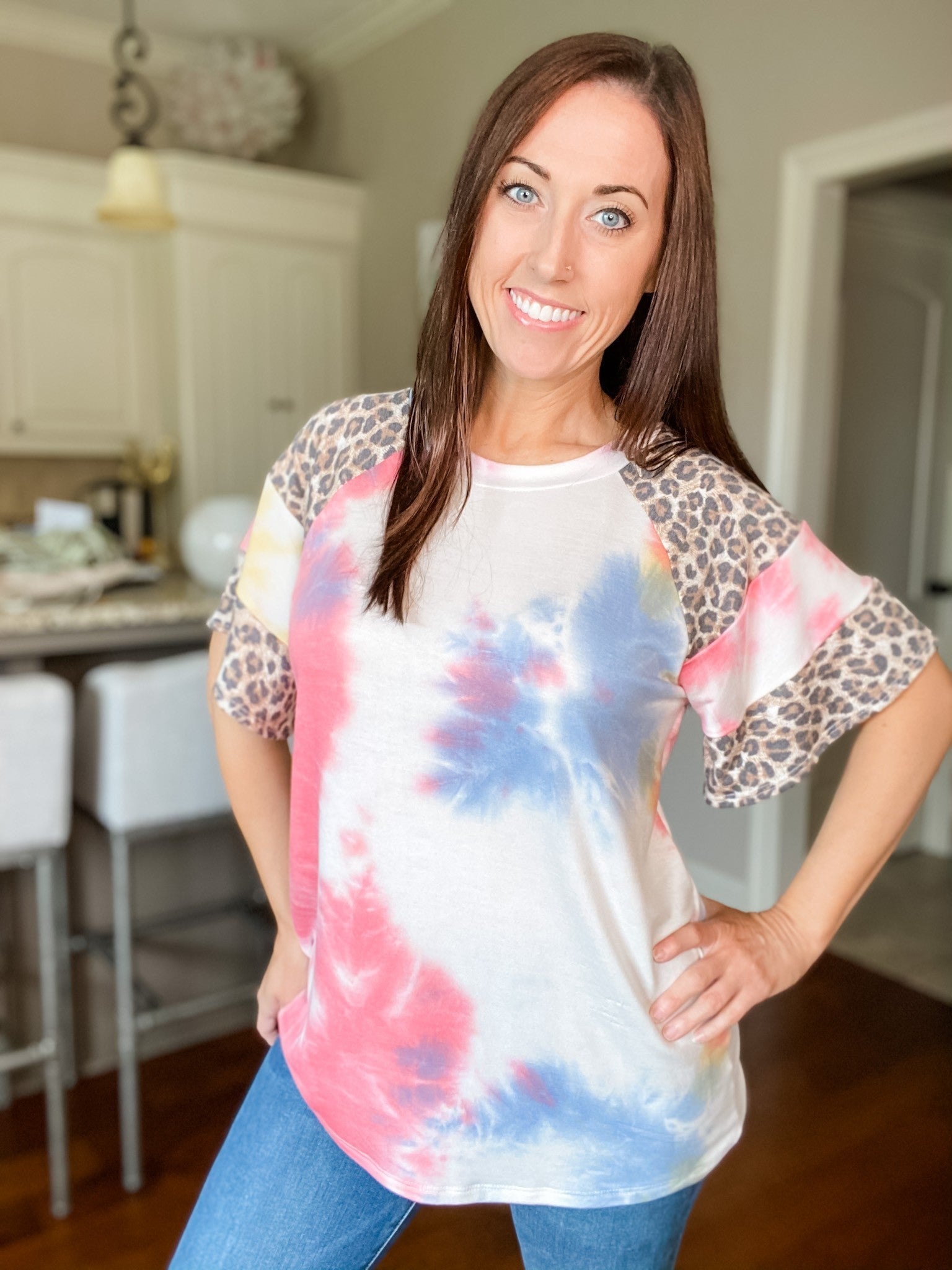 Tie Dye Animal Print Flutter Sleeve Top
