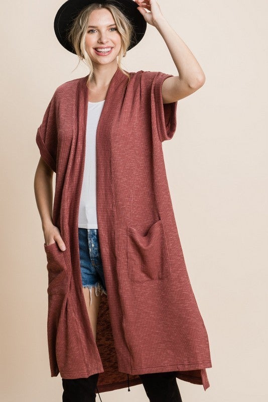 Solid Ribbed Short Sleeve Cardigan