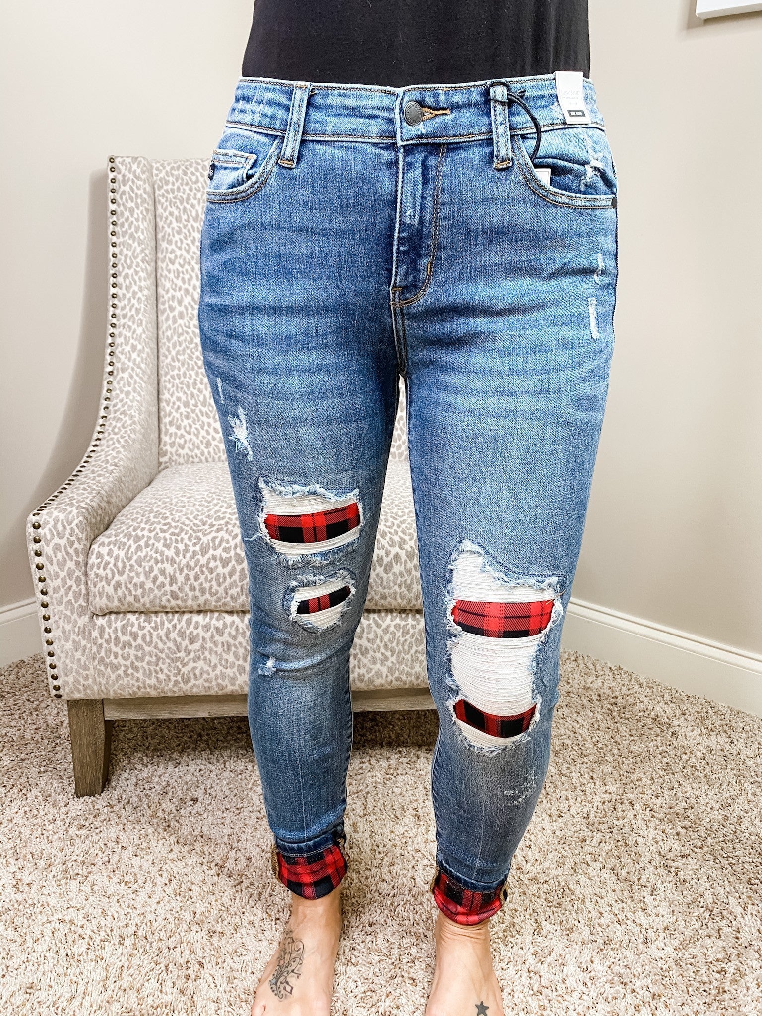 Destroyed Buffalo Plaid Skinny Jeans