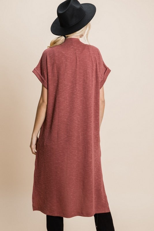 Solid Ribbed Short Sleeve Cardigan