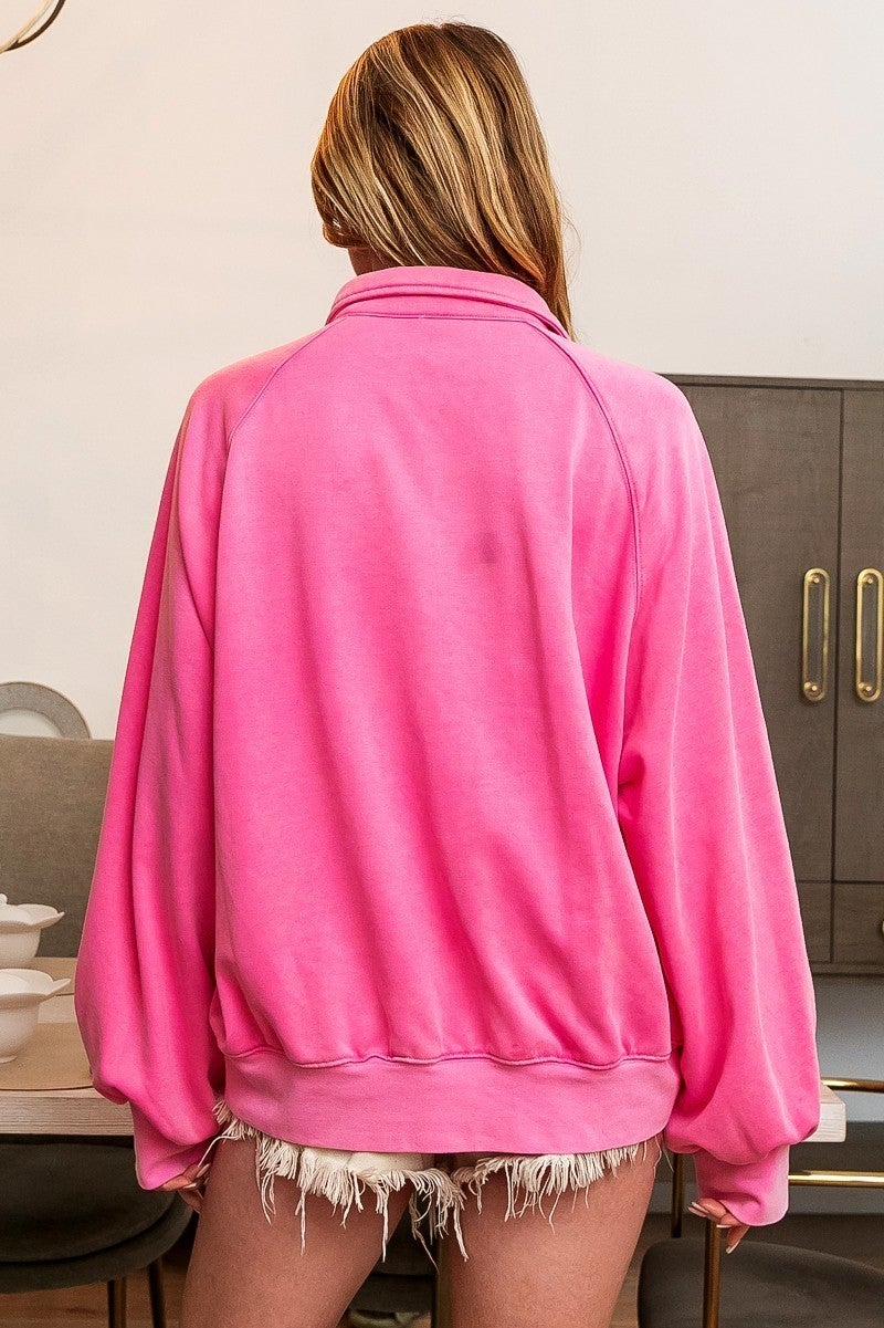 Snap Button Collared Sweatshirt - Pink
