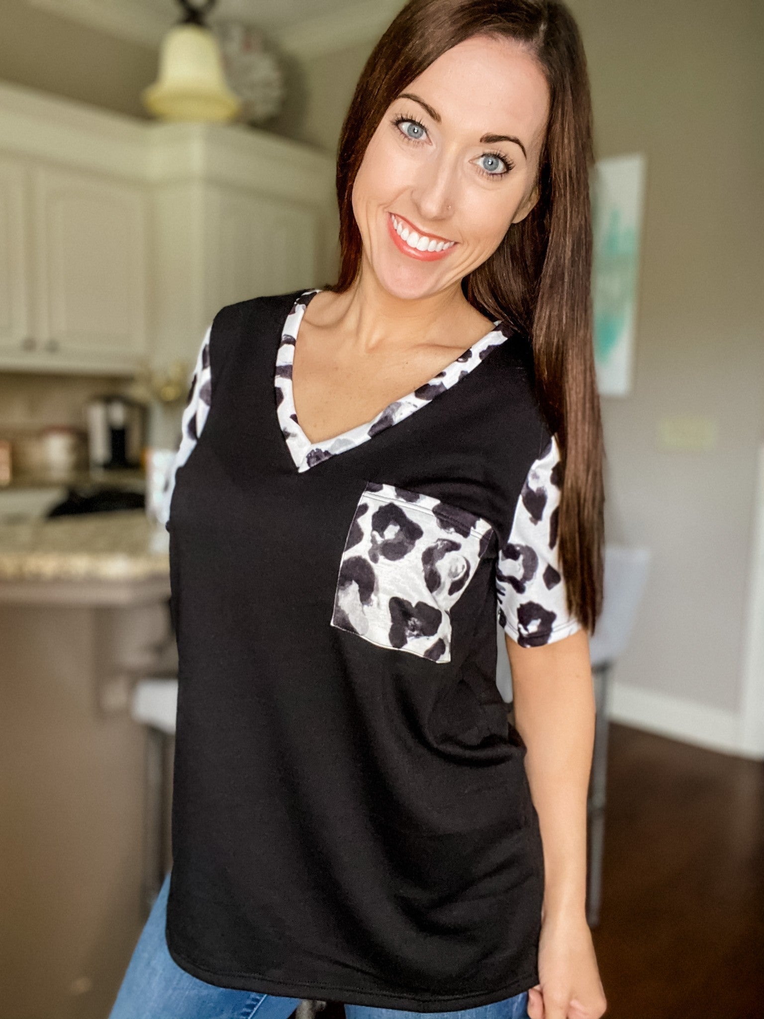 Leopard Trim Vneck Top