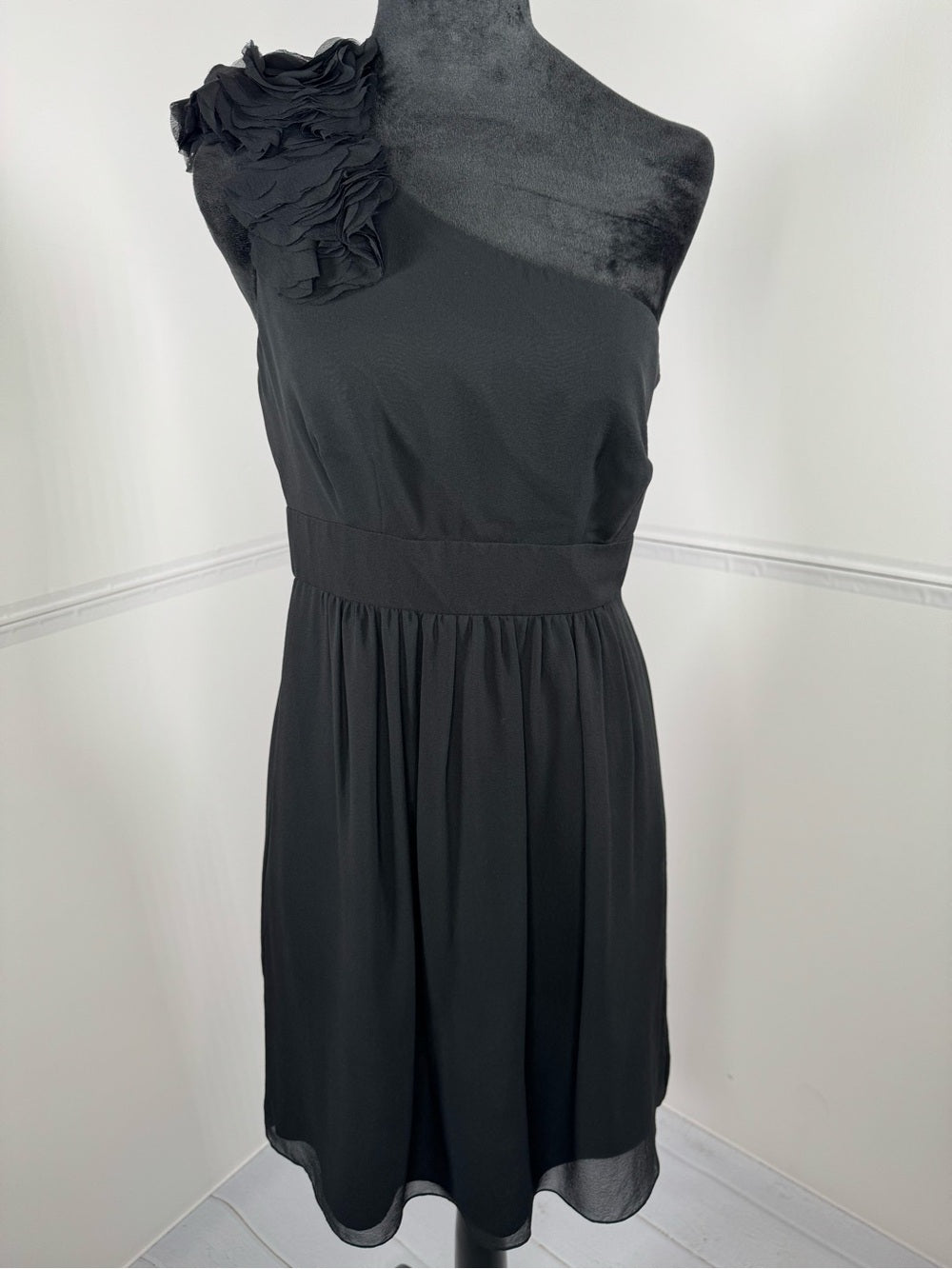 Tibi Black One Shoulder Silk Cocktail Dress Floral Ruffle Size 4
