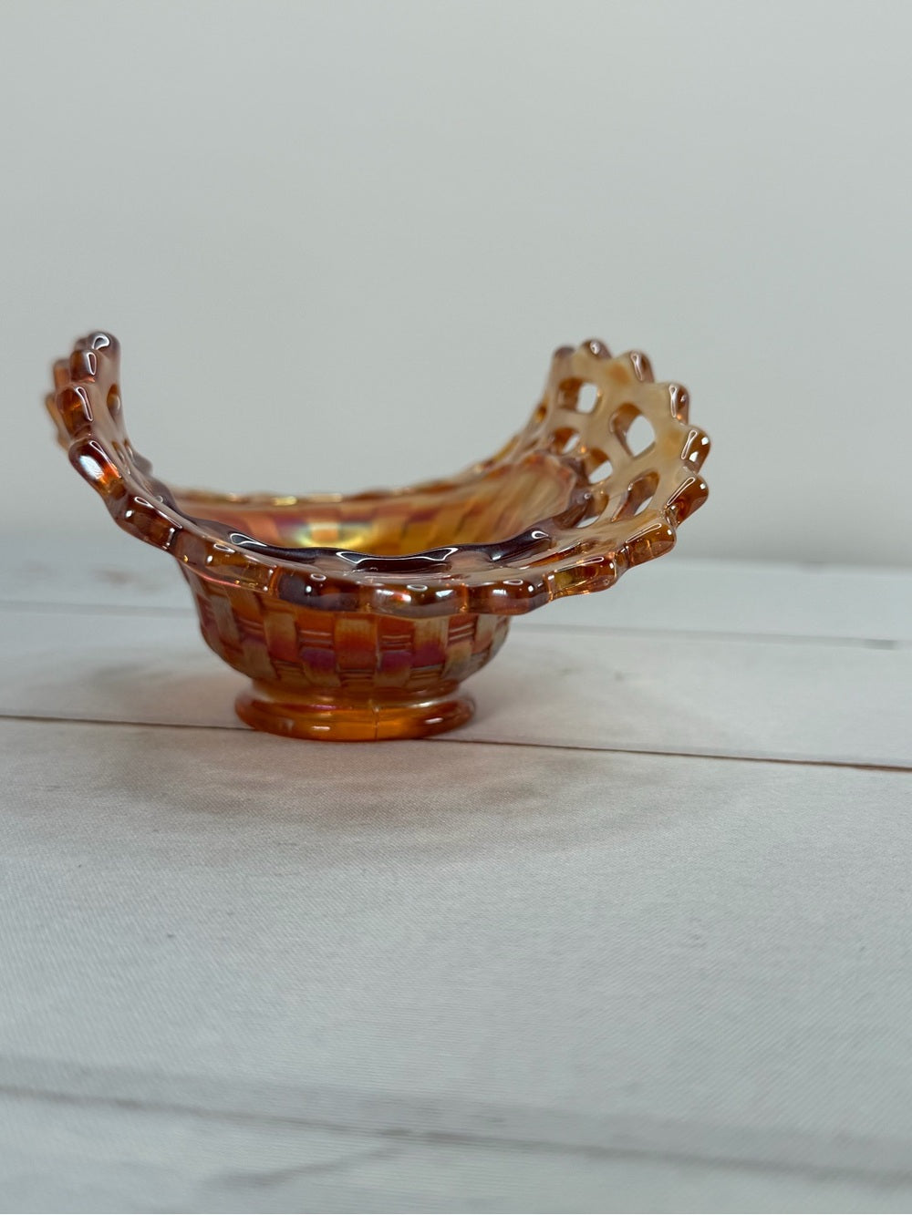 Vintage Fenton Marigold Carnival Glass Open Edge Basketweave Basket