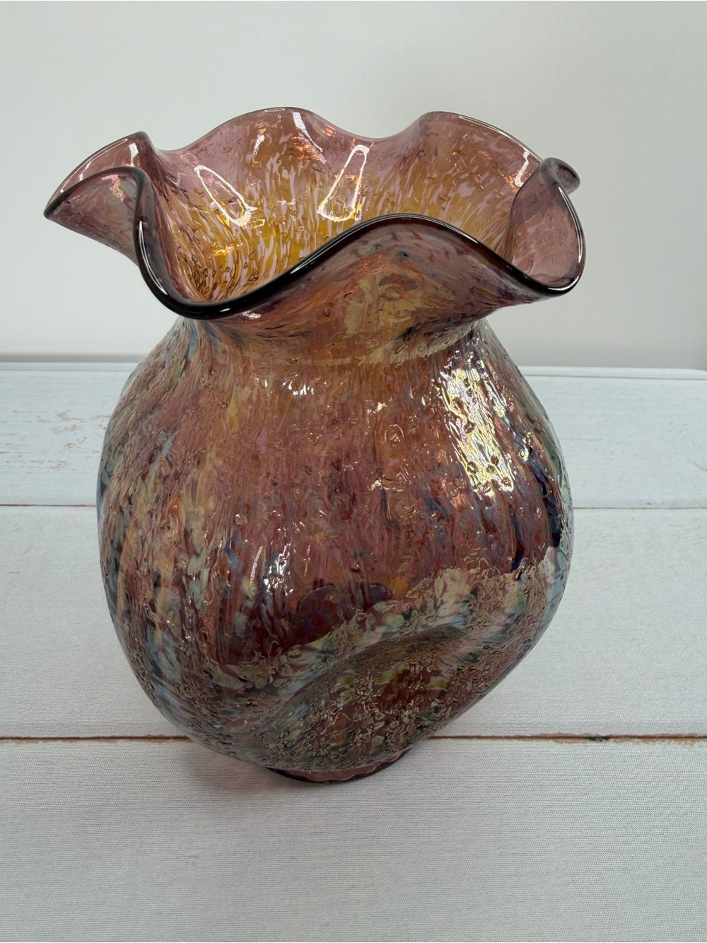 Antique 1905 Dugan Venetian Amethyst Frit Iridescent Art Glass Ruffled Vase