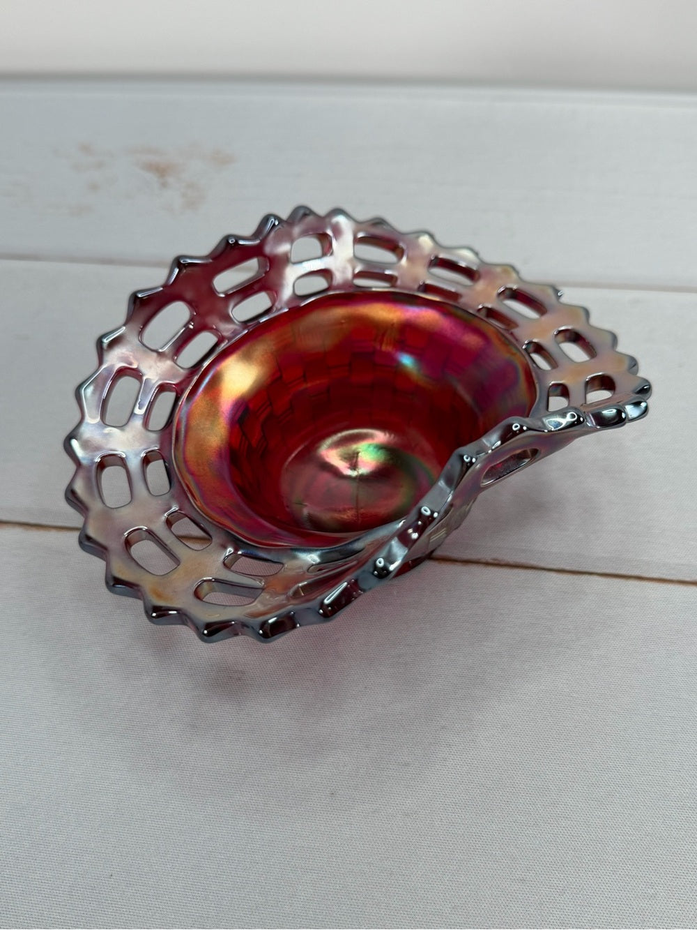 Fenton Ruby Red Iridescent Carnival Glass Openwork Lace Basketweave Ruffled Bowl