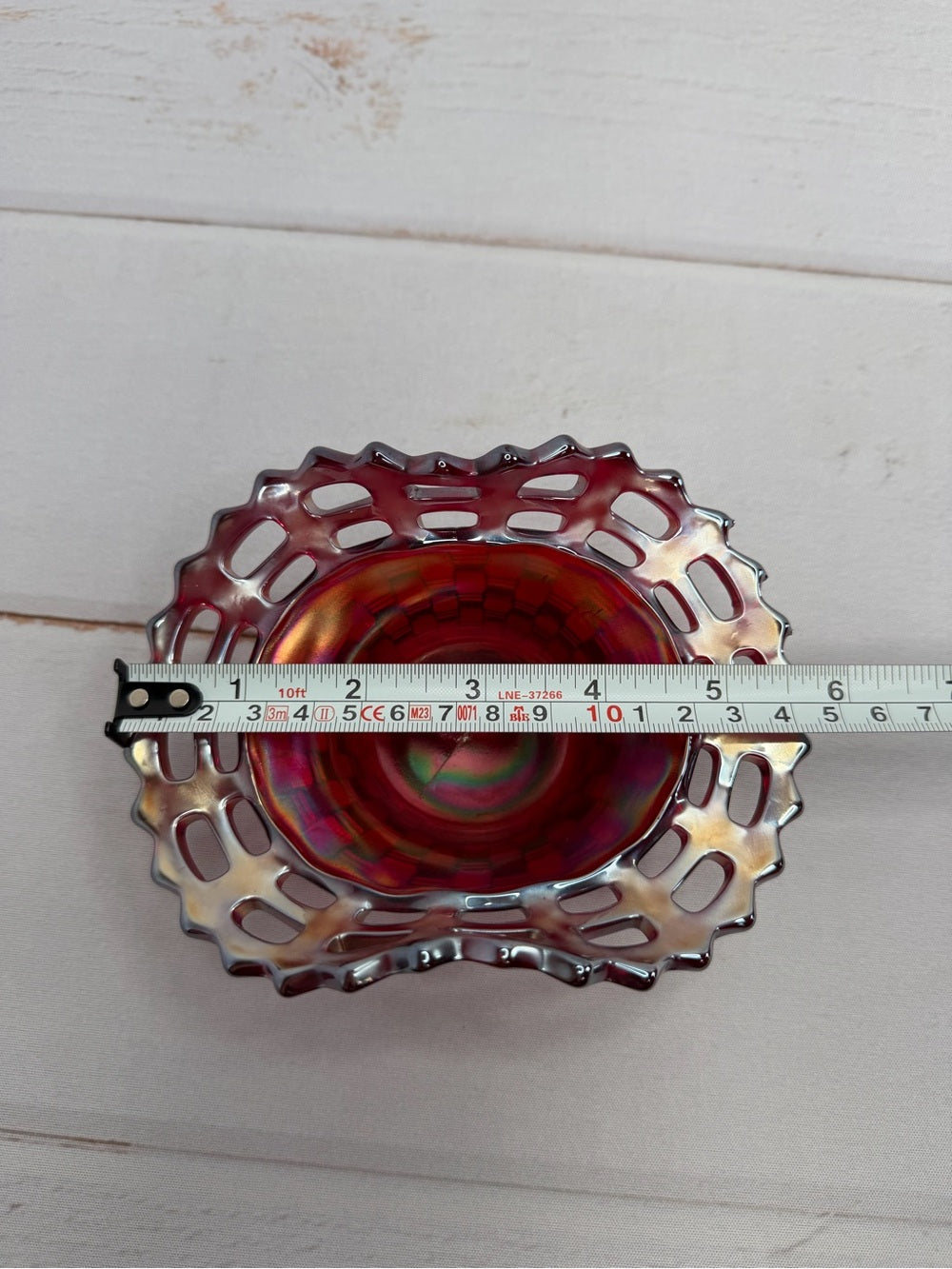 Fenton Ruby Red Iridescent Carnival Glass Openwork Lace Basketweave Ruffled Bowl