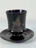 Vintage Black Amethyst Glass Pedestal Cup, Silver Overlay Sailboat