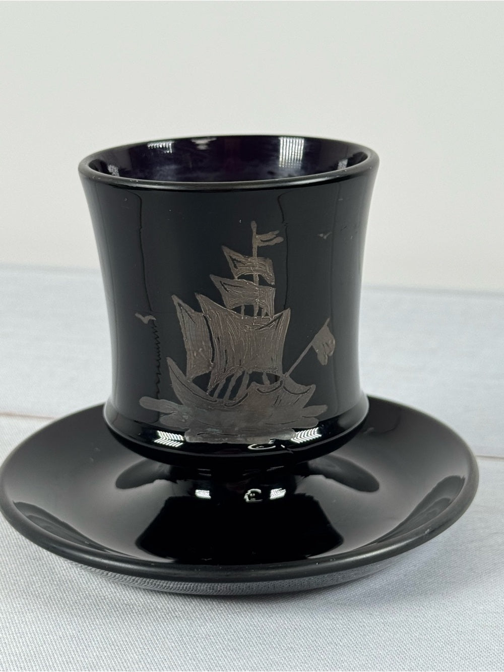 Vintage Black Amethyst Glass Pedestal Cup, Silver Overlay Sailboat