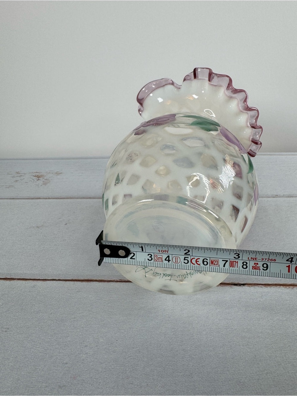 Vintage Fenton Style Opalescent Diamond Optic Hand Painted Pitcher Signed