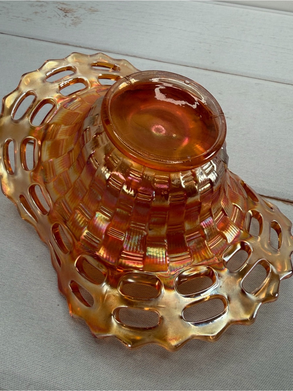 Vintage Fenton Marigold Carnival Glass Open Edge Basketweave Basket