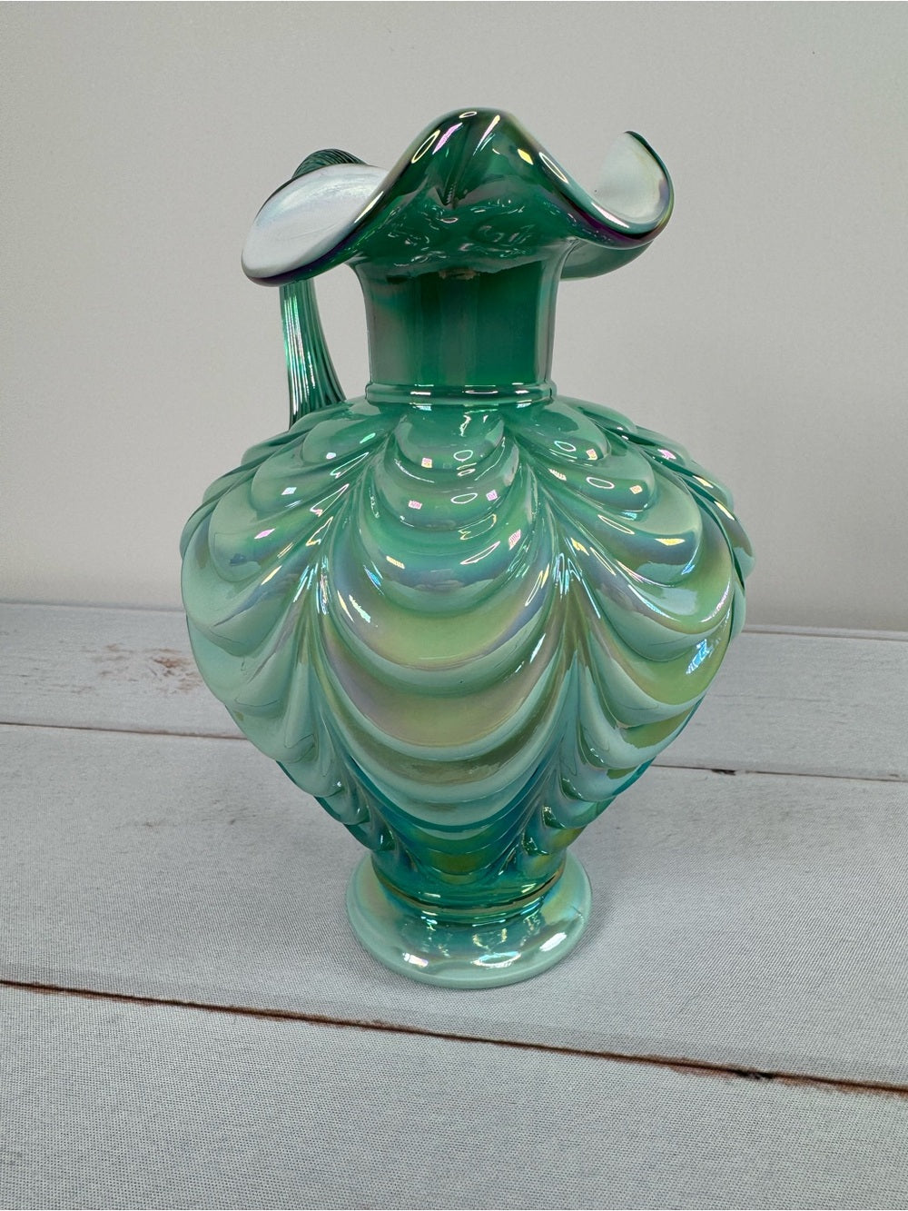 Vintage Fenton Green Opalescent Drapery Pattern Ewer Pitcher Handmade USA