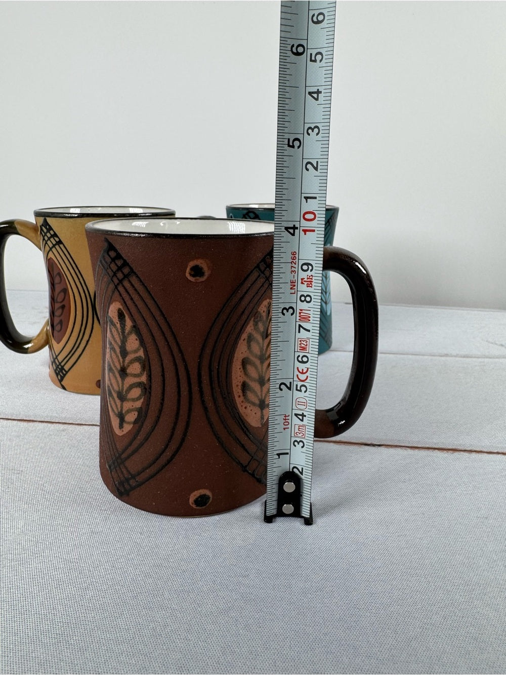 Vintage 70s MCM Boho Blue Tan Brown Stoneware Coffee Mugs Set of 3