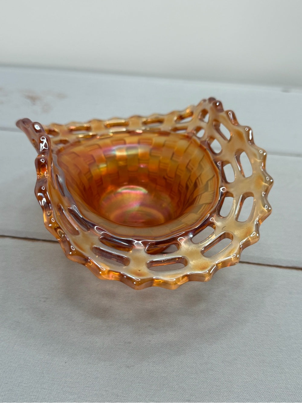 Vintage Fenton Marigold Carnival Glass Open Edge Basketweave Basket