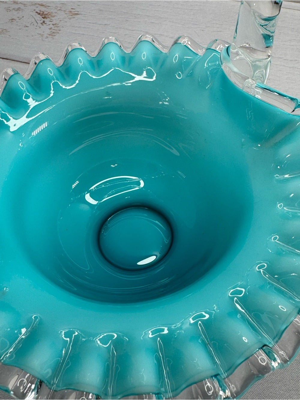 Vintage 1950s Fenton Silver Jamestown Blue Cased Milk Glass Ruffled Basket