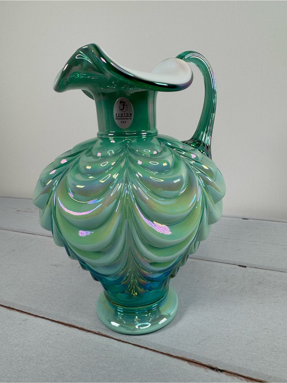 Vintage Fenton Green Opalescent Drapery Pattern Ewer Pitcher Handmade USA