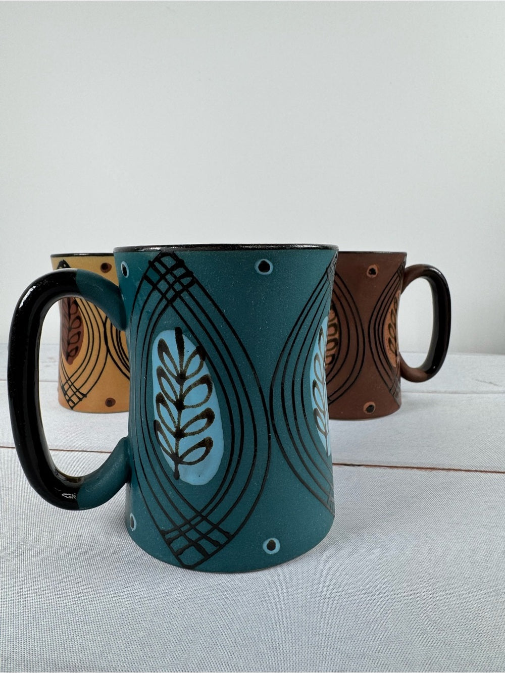 Vintage 70s MCM Boho Blue Tan Brown Stoneware Coffee Mugs Set of 3