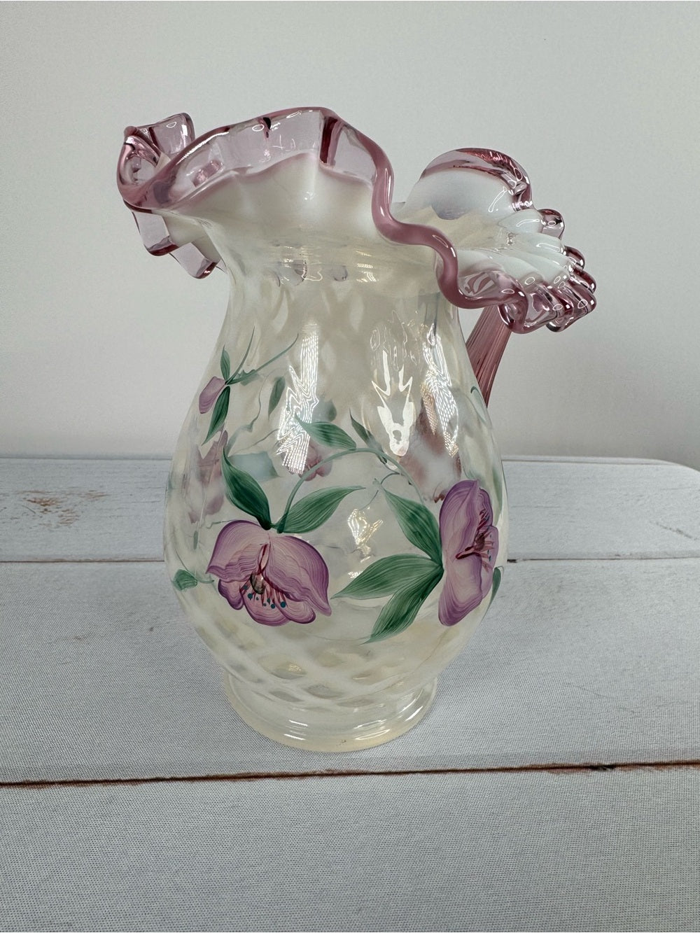 Vintage Fenton Style Opalescent Diamond Optic Hand Painted Pitcher Signed