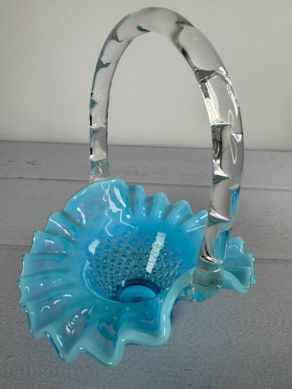 Vintage Fenton Blue Opalescent Hobnail Glass Basket Ruffled Clear Handle