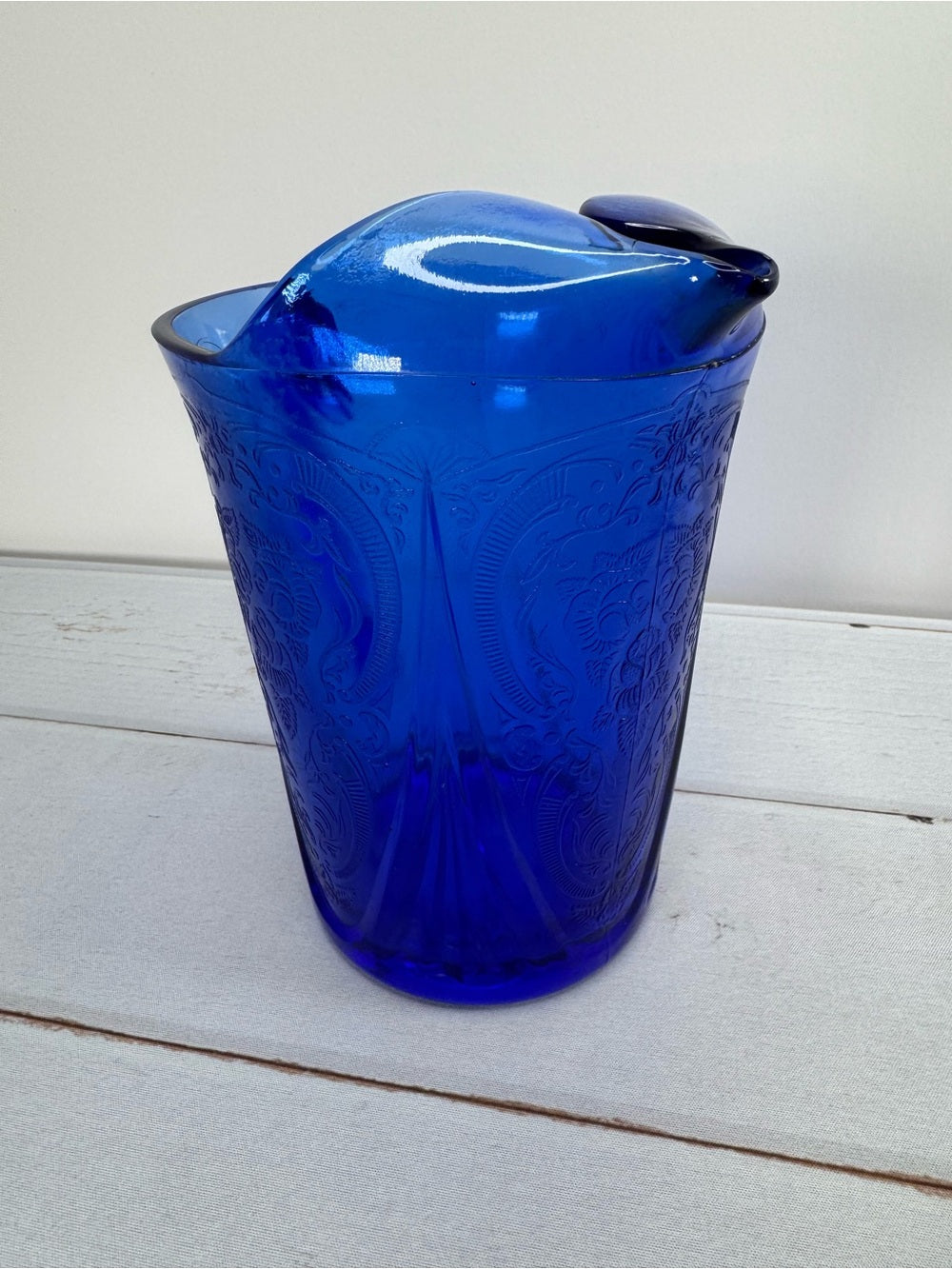 Rare Antique Hazel Atlas Cobalt Blue Royal Lace Water Pitcher 48oz Ice Lip