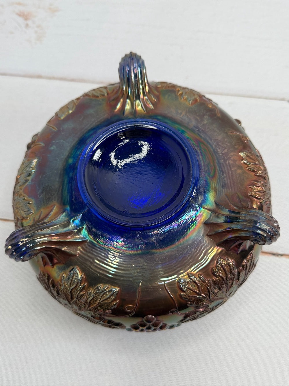Vintage Fenton Iridescent Cobalt Blue Grape & Leaf Tri-Footed Ferner Dish