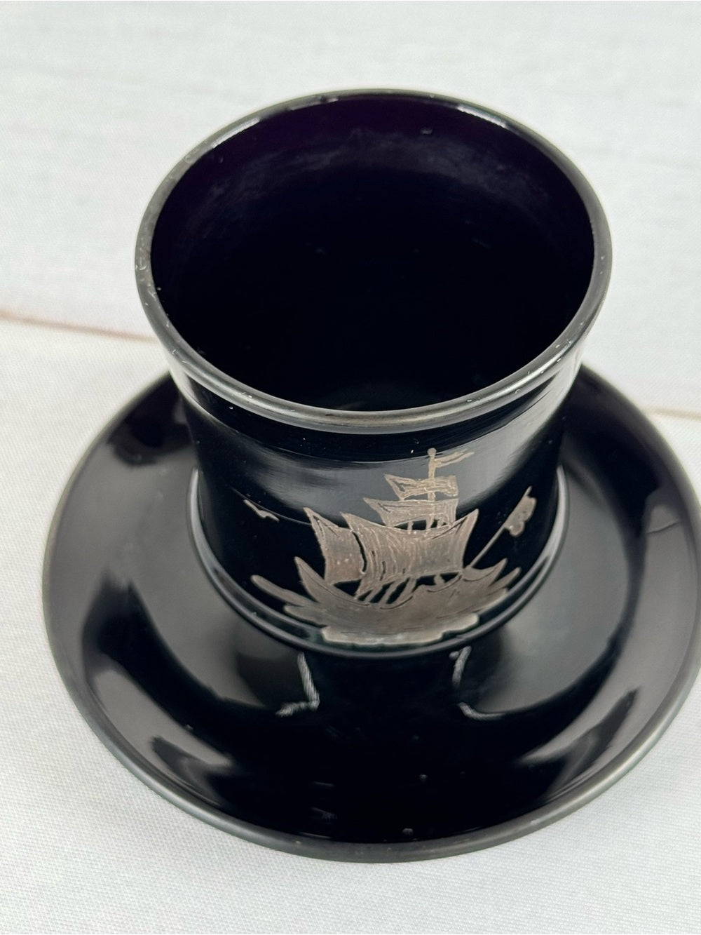 Vintage Black Amethyst Glass Pedestal Cup, Silver Overlay Sailboat