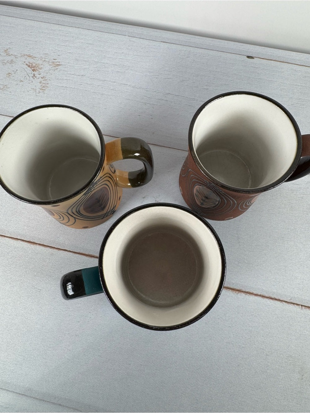 Vintage 70s MCM Boho Blue Tan Brown Stoneware Coffee Mugs Set of 3