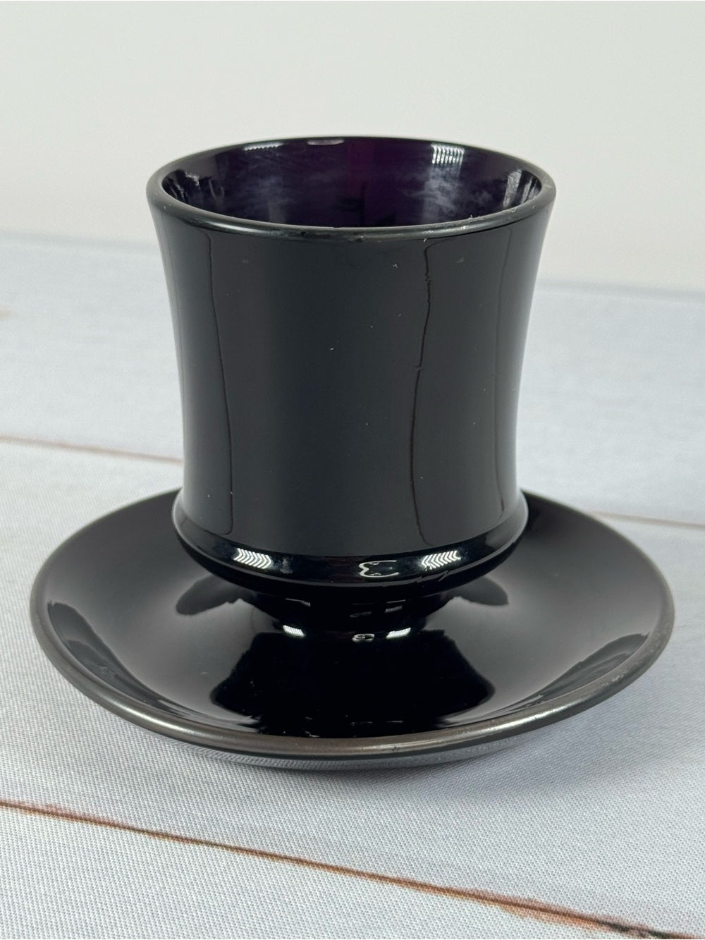 Vintage Black Amethyst Glass Pedestal Cup, Silver Overlay Sailboat