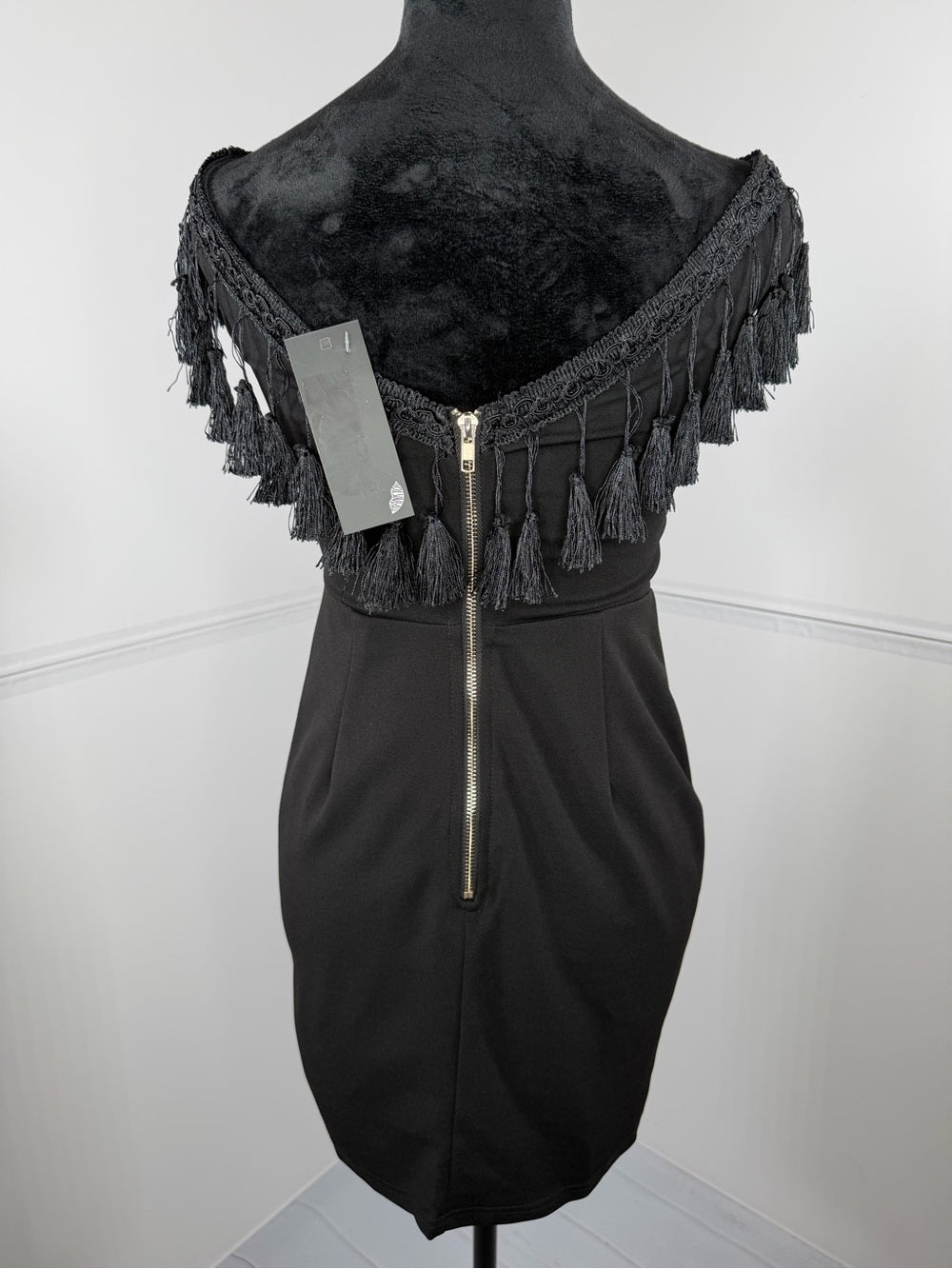 NWT Vera & Lucy Black Fringe Off Shoulder Bodycon Cocktail Dress Size Small