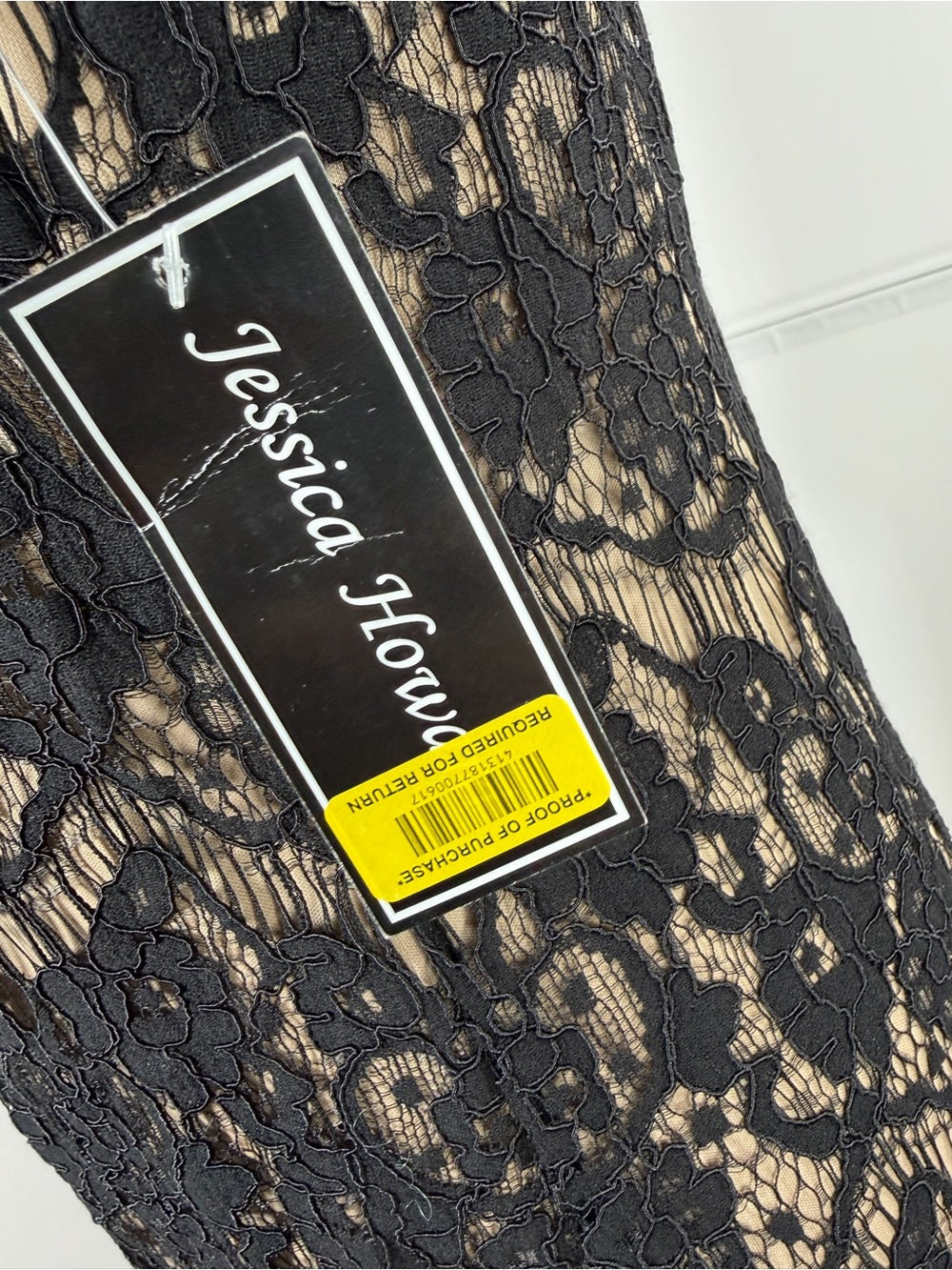 Jessica Howard Black Lace Sheath Dress Nude Lining 3/4 Sleeve Size 6