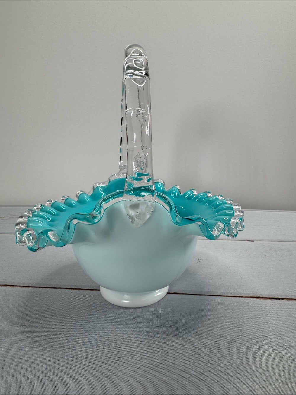 Vintage 1950s Fenton Silver Jamestown Blue Cased Milk Glass Ruffled Basket