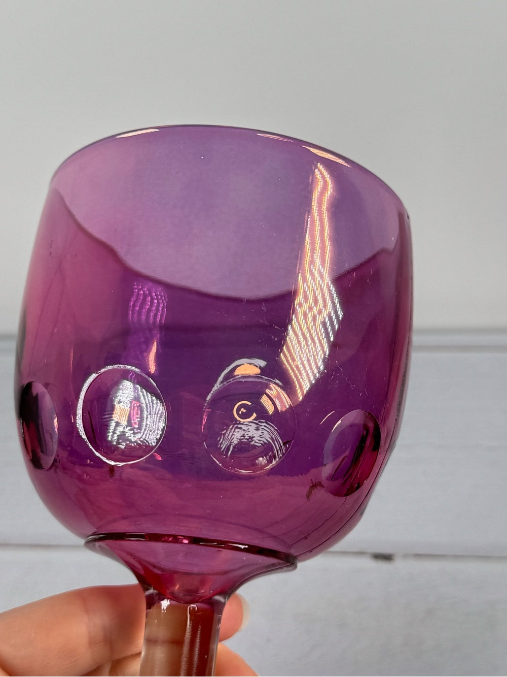Vintage Bartlett Collins Amethyst Iridescent Coin Dot Water Goblet Wine Glass