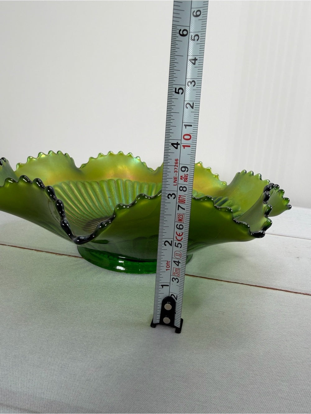 Antique Signed Northwood Green Stippled Rays Carnival Glass Ruffled Bowl Mark N