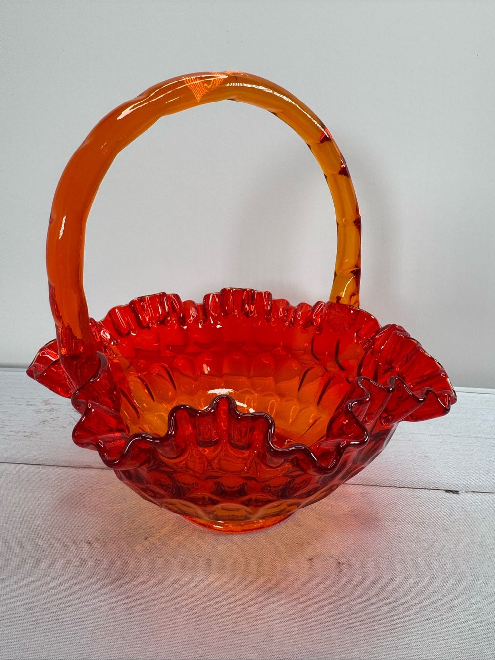 Vintage Fenton Amberina Thumbprint Ruffled Glass Basket