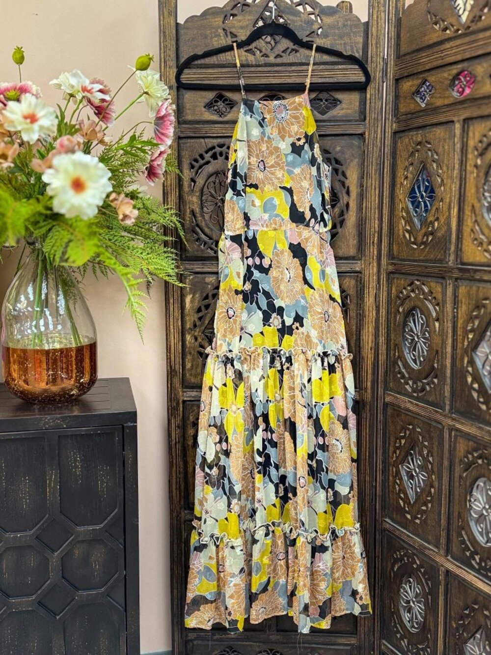 Lulus Black Floral Jacquard Tiered Midi Dress Size XS