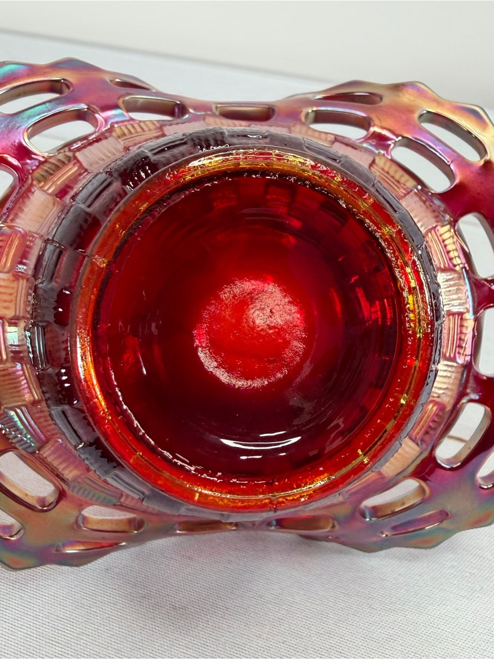 Fenton Ruby Red Iridescent Carnival Glass Openwork Lace Basketweave Ruffled Bowl